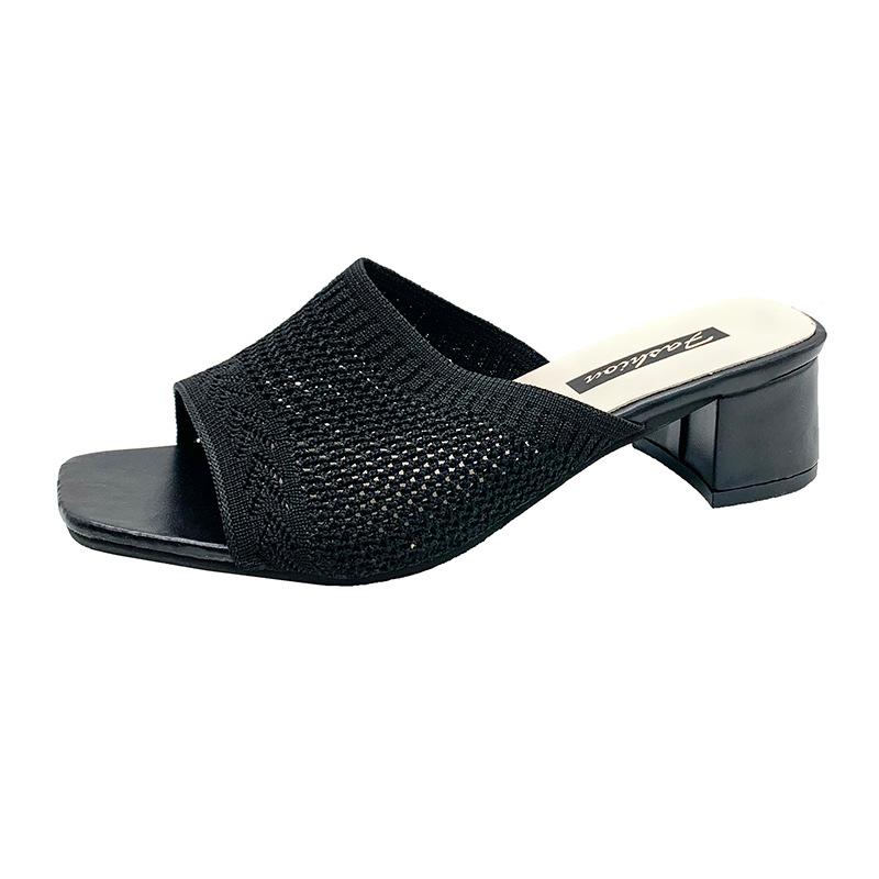 Medium Heel Cool Slippers Women's 20 Summer New Fly-woven Outer Wear One-word Fashion Women's Cool Slippers