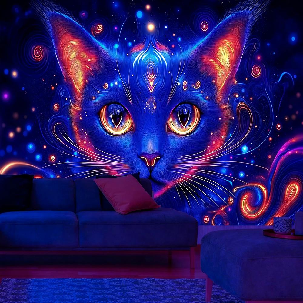 Светящийся Кот Гобелен Яркое Ночное Искусство УФ-Реактивный Гобелен Декор Фона Стена Повесить Спальня Вечеринка Декор