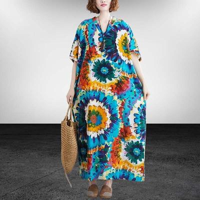 Летнее женское свободное пляжное платье-трапеция с принтом и V-образным вырезом больших размеров в простом праздничном стиле
