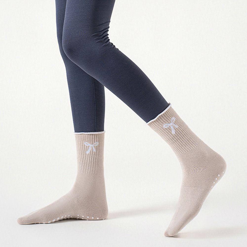 Cotton Pilates Socks Non-Slip Grip Mid Tube Socks Bow Yoga Socks for Women