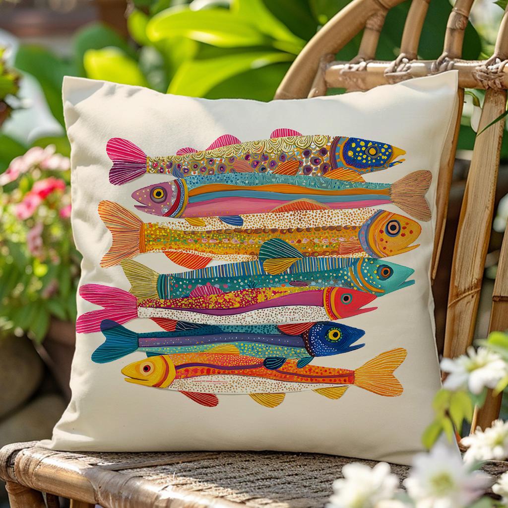Colorful Rainbow Trout Pillow Cover Vibrant Boho Fish Print Funky Coastal Nautical Cushion Case For Sofa Bed Couch Home Decor