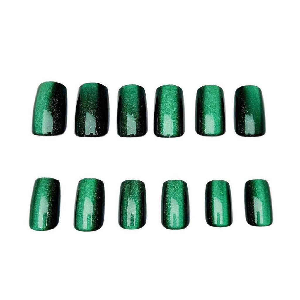 Square emerald green elegant cat's eye luxury whitening wearable detachable nail art 24 pieces dark green