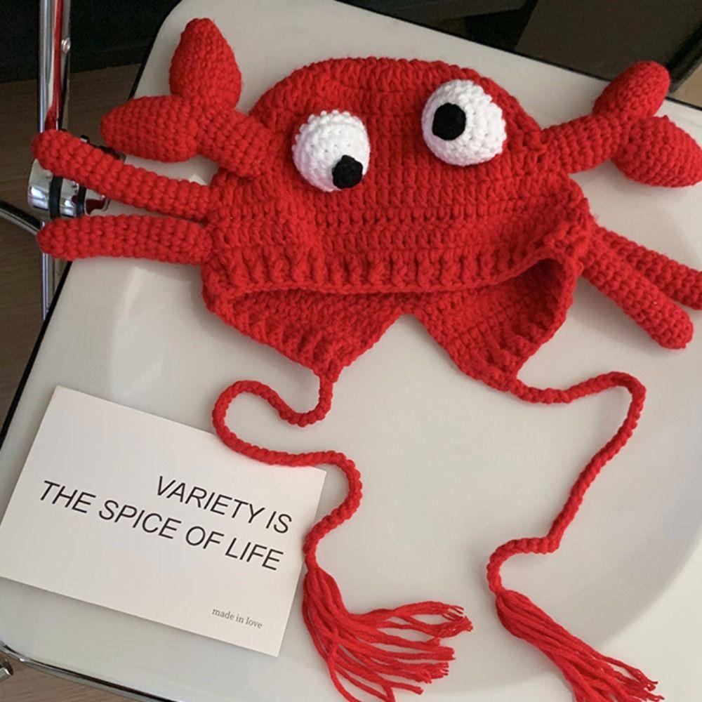 Eyes Crab Pullover Cap Knit Drawstring Hat Sweet Crab Beanies Hat Outdoor