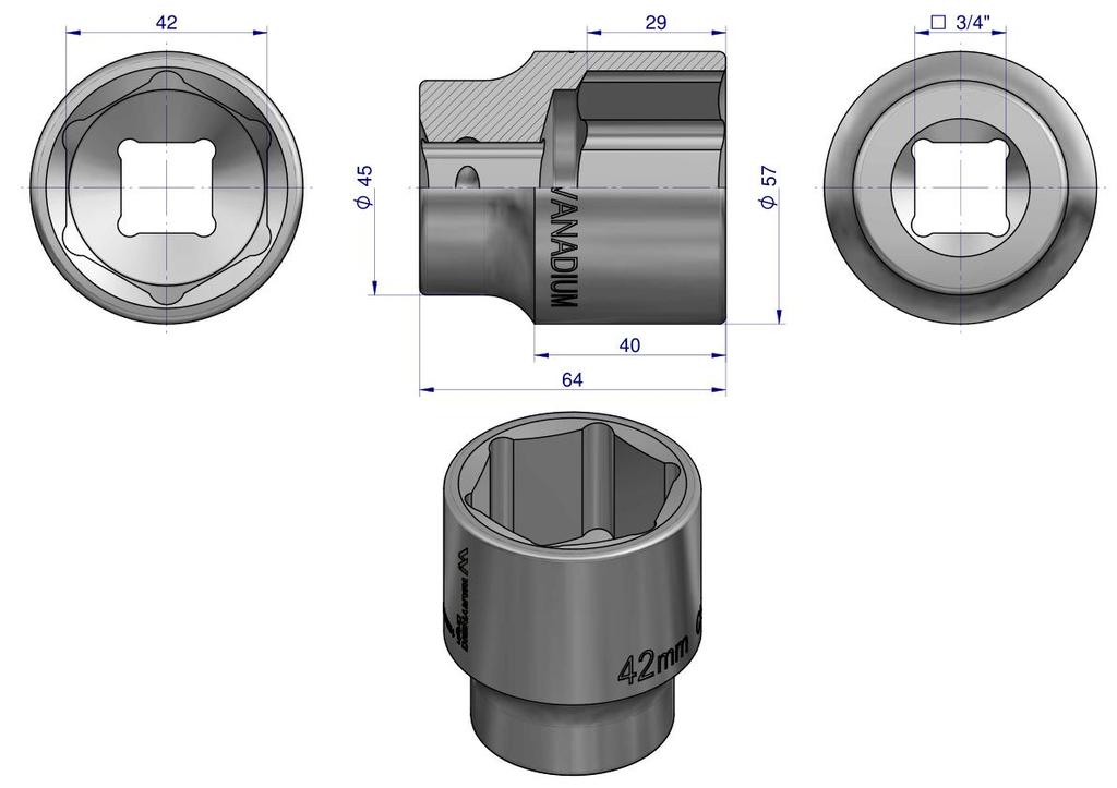 Hexagonal socket 3/4". 42 . CrV50BV30. DIN 3124. Waryński