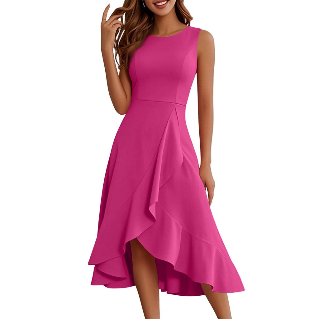 Женское модное повседневное платье без рукавов с круглым вырезом, однотонное, элегантное, темпераментное, с оборками, платья
