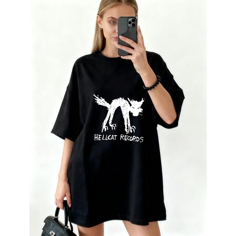 Оверсайз футболка черная Hellcat Records с принтом кота и текстом Streetwear Повседневная одежда