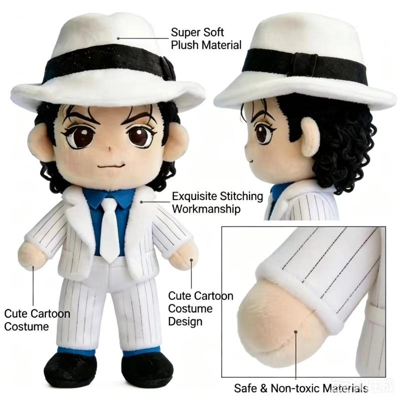 Michael Jackson Plush Doll 20cm Cute MJ Striped Suit Stuffed Toy with White Hat Soft Cotton Figure Collectible Gift for Fans