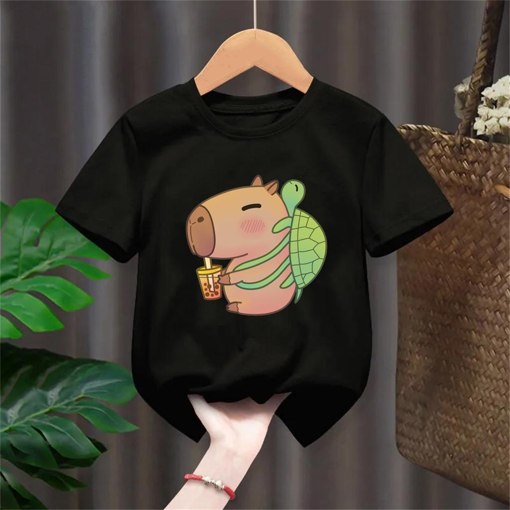 Funny T Shirt Capybara With Turtle Loves Bubble Milk Tea Printed T Shirt Girls/Boys Kawaii Kids Clothes Harajuku Shirt Tops