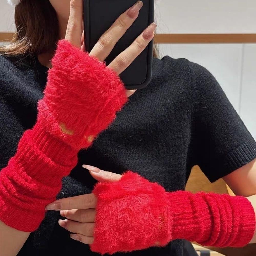 Korean Style Mink Fleece Half Finger Gloves Solid Color Y2k Winter Mittens Women