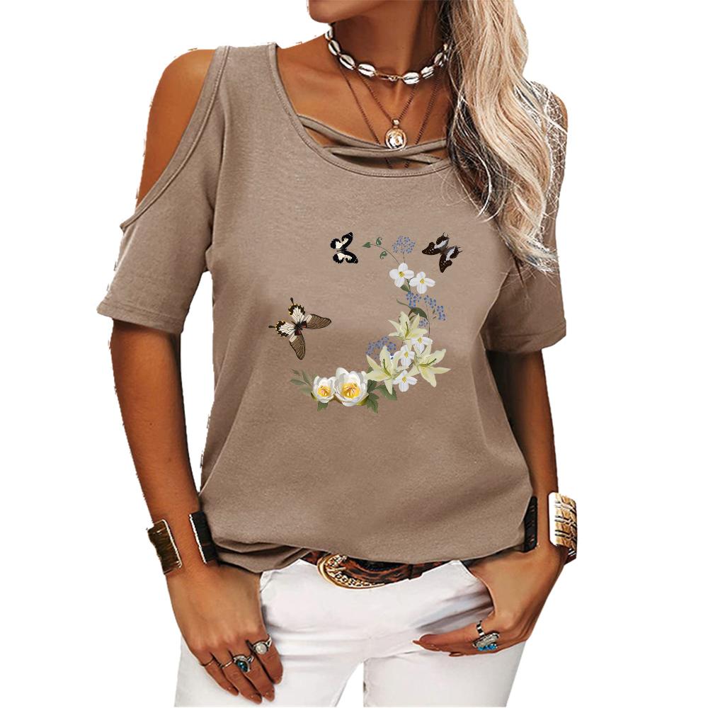 Women Fashion Round Neck Short Sleeve Top Ladies Summer Casual Off Shoulder Floral Printed T-shirt