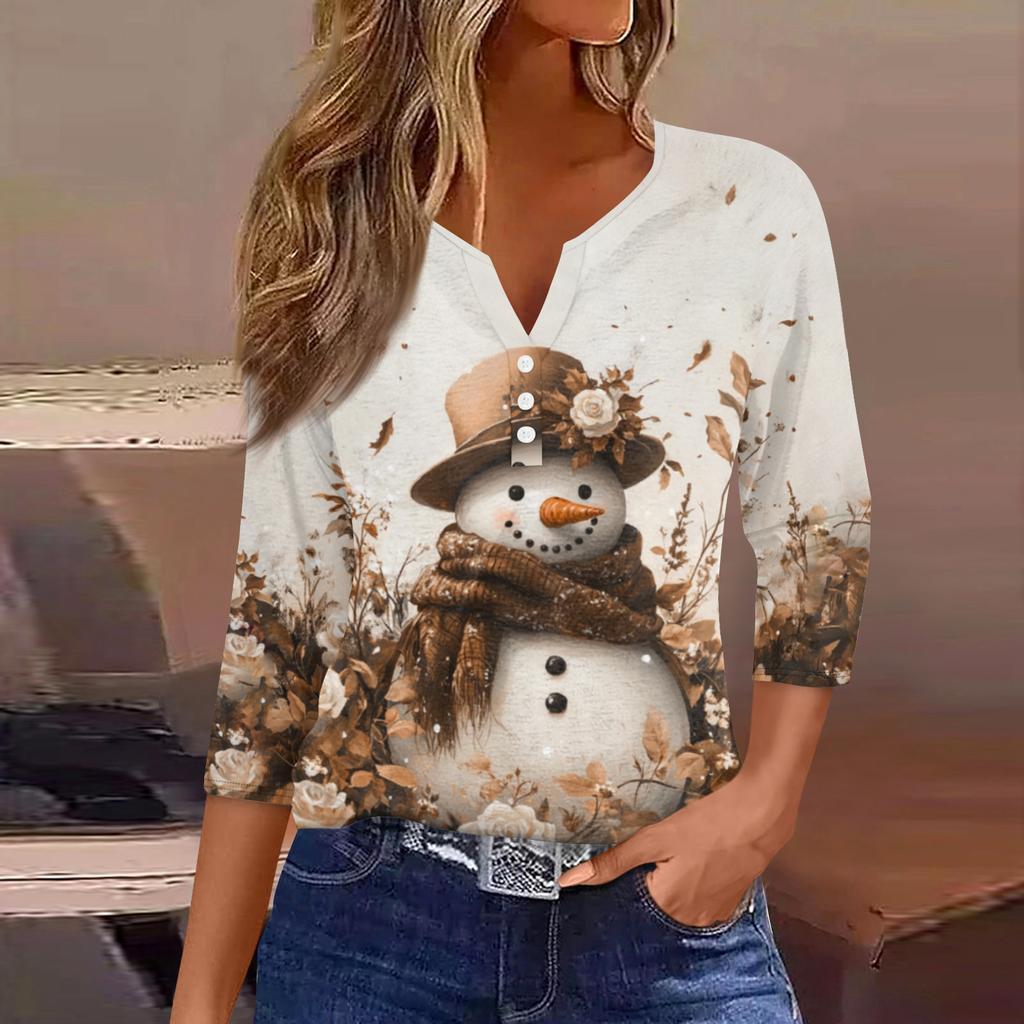 Women's Fashionable Casual Christmas Printed V-neck Three-quarter Sleeve Decorated Button Top
