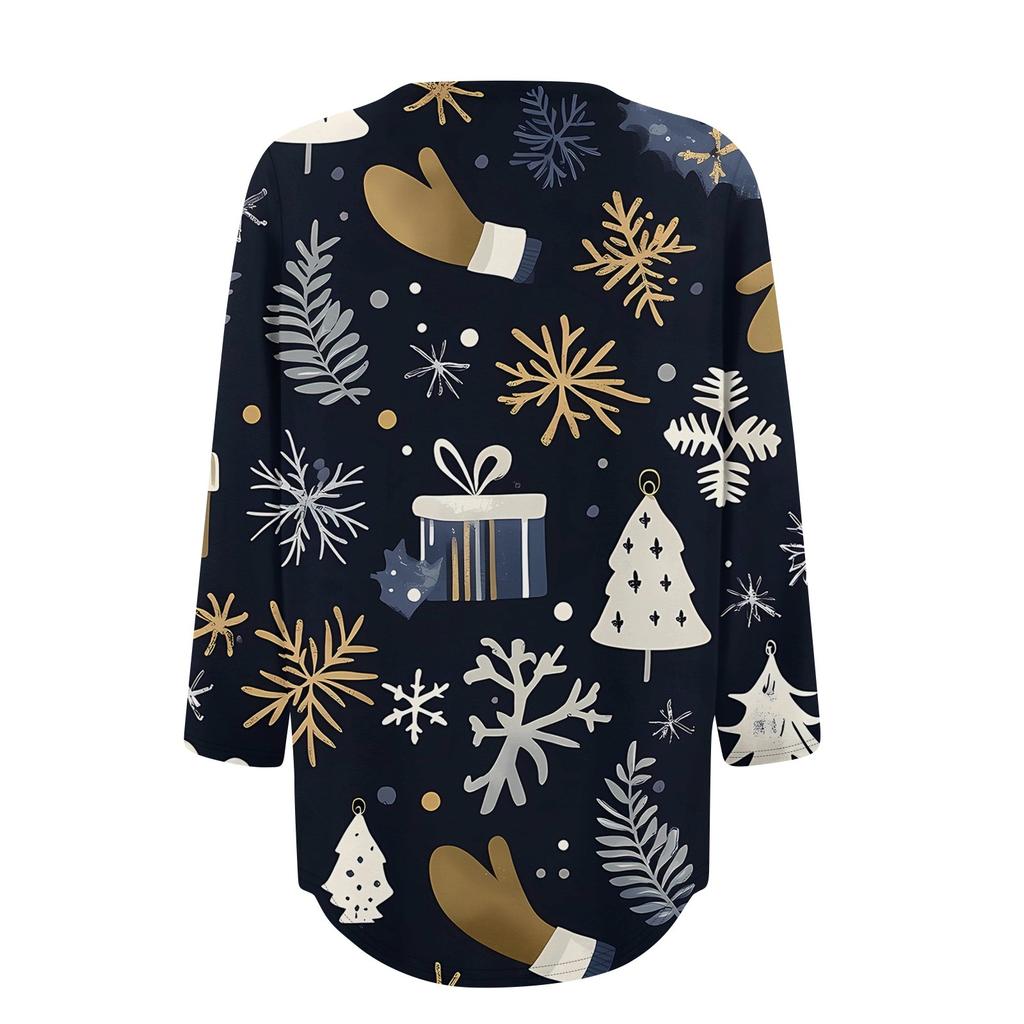 Женская модная футболка с круглым вырезом и рукавом 3/4 с рождественскими принтами, повседневная базовая плиссированная футболка-пуловер