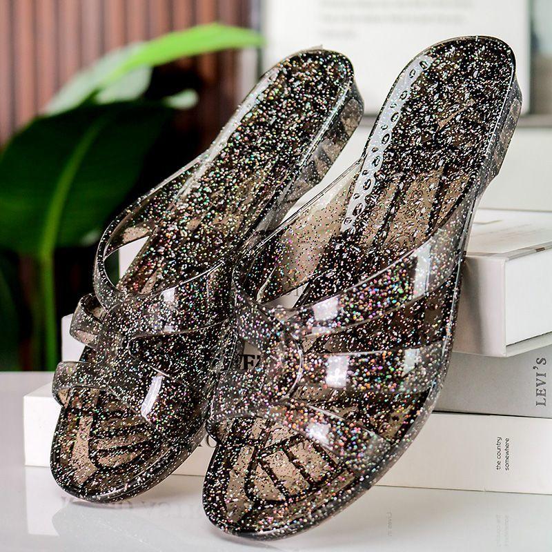 Sparkling Crystal Low Heeled Slippers for Women In Summer, Made of Transparent Plastic Material, Suitable for Indoor and Household Use