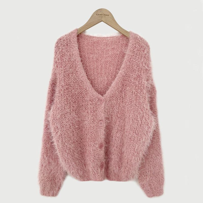 Korean Chic Retro V-Neck Faux Mink Fur Sweater Cardigan - Long-Sleeved, Loose-Fit Women's Knitwear