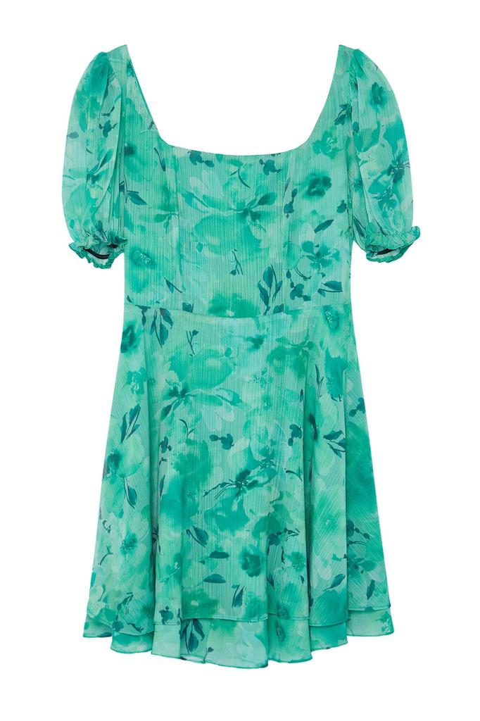 Женское стильное платье с зеленым узором, мини-шифоновое тканое платье на подкладке с вырезом на талии