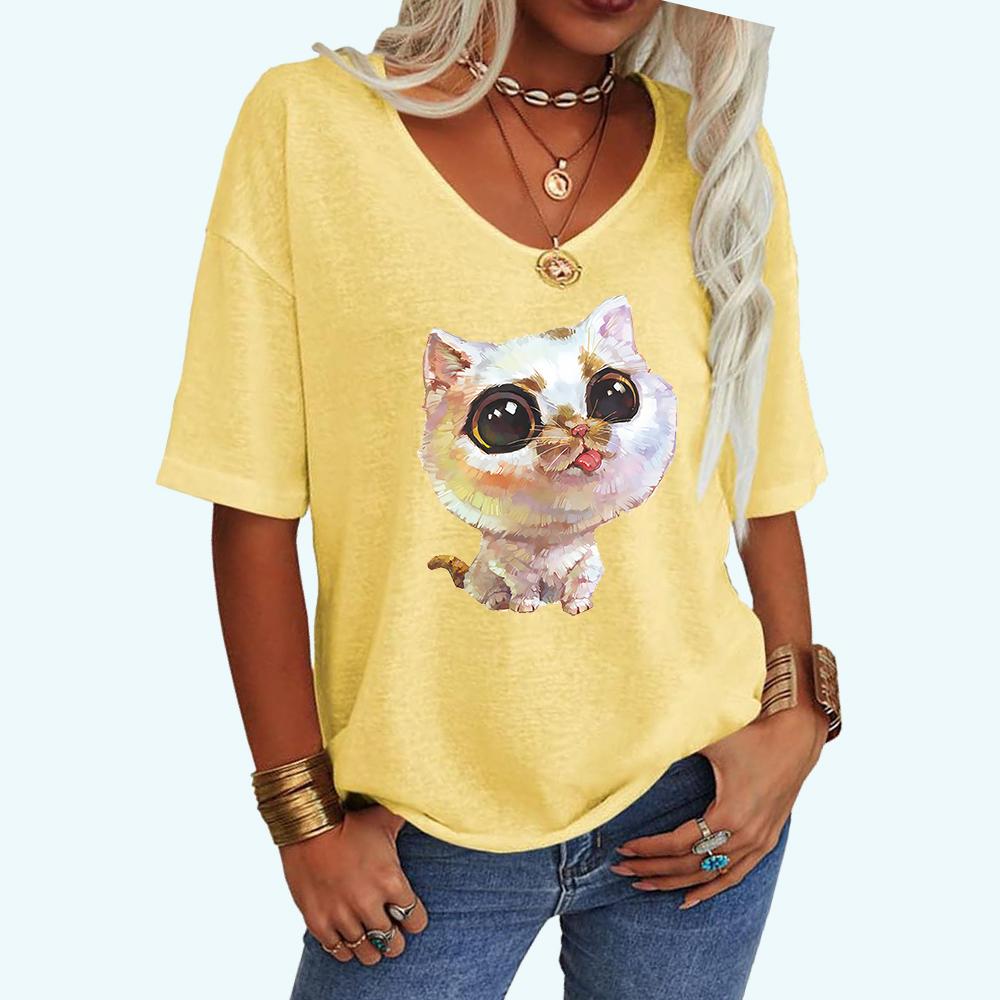Женская модная футболка с принтом кота, летняя повседневная футболка с V-образным вырезом, свободная футболка с коротким рукавом