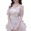 One-word shoulder evening dress 1011 new summer pink engagement dress high-end light luxury wedding toast dress bride