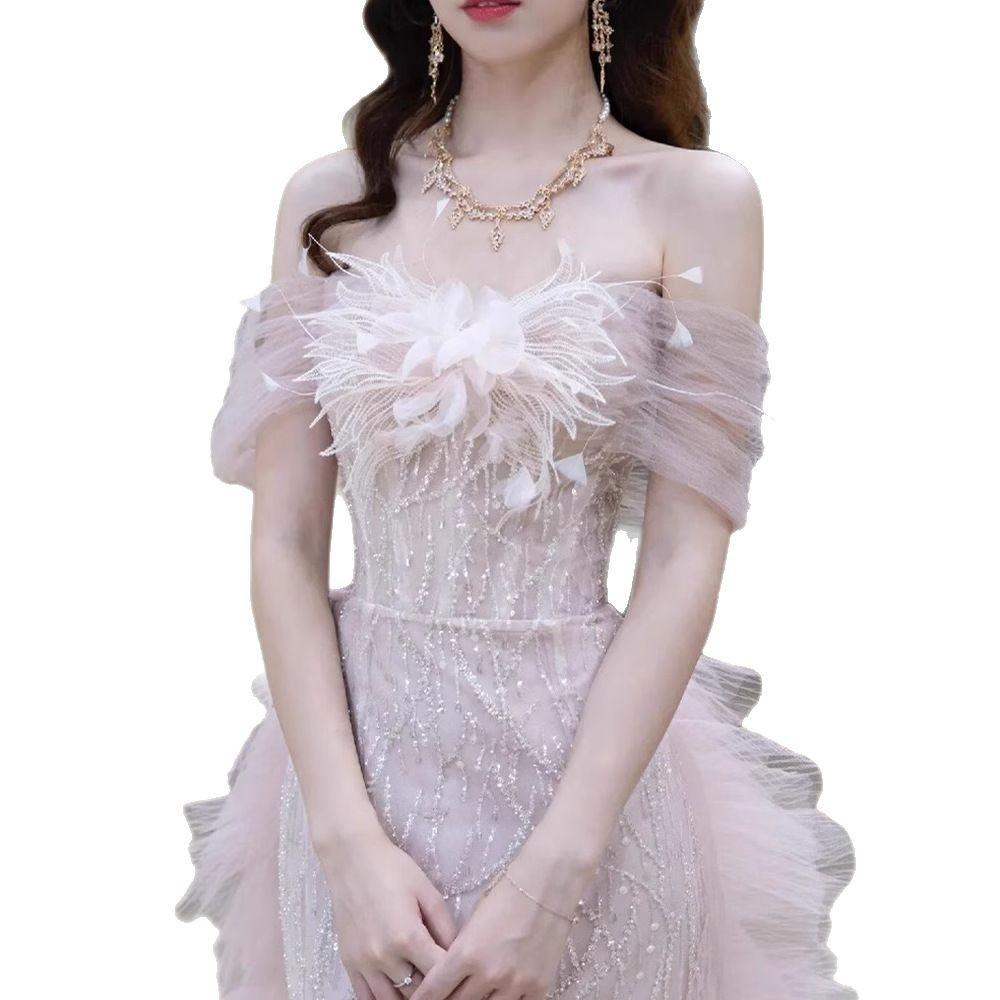 One-word shoulder evening dress 1011 new summer pink engagement dress high-end light luxury wedding toast dress bride