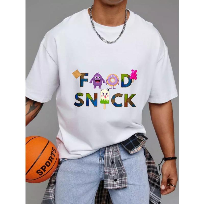 Cotton T Shirt White Food Snack Cartoon Characters and Text Design Casual Wear for Men and Women Daily Outfits Streetwear Style