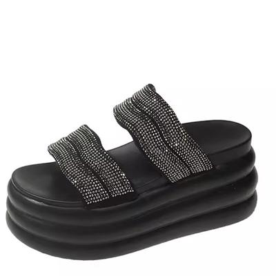 Модные босоножки на танкетке с открытым носком и каблуком 9 см, украшенные стразами, для женщин, лето 2024 г., новые босоножки на толстой подошве и платформе, пляжные тапочки