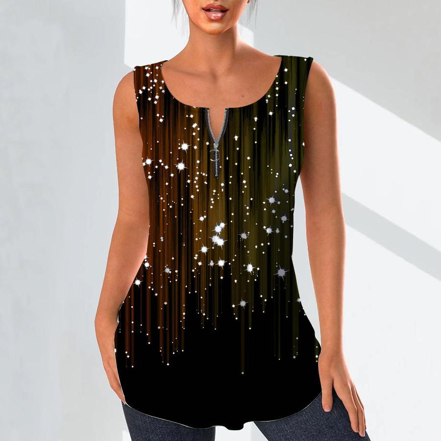 Women's Fashion V Neck Shirts Casual Tops T-shirt Ladies 3D Glowing Point Print Vest Plus Size Sleeveless Blouse Tank Tops