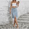 Юбки из денима для женщин, джинсы с высокой талией, потертым необработанным краем, юбка-клеш с карманами, летняя узкая юбка с разрезом и запахом