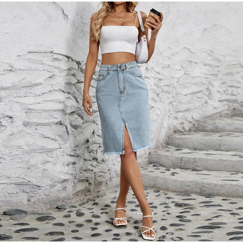 Юбки из денима для женщин, джинсы с высокой талией, потертым необработанным краем, юбка-клеш с карманами, летняя узкая юбка с разрезом и запахом