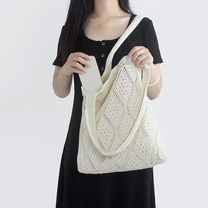 Yogodlns Minimalist Knit Shoulder Bag Boho Crochet Handbag Vintage Lace Hollow-Out Purse for Women Casual Crossbody Underarm Bag