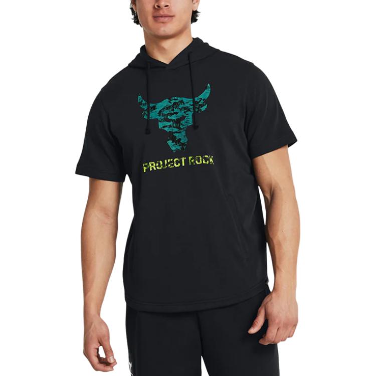 Under Armour Футболка с коротким рукавом Project Rock American Vintage Letter Print с капюшоном, мужская, черная 1383227-001