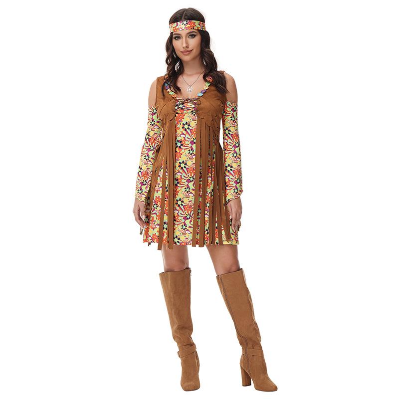 Cosplay retro women fringed costume retro hippie costume halloween cos full costume hippie