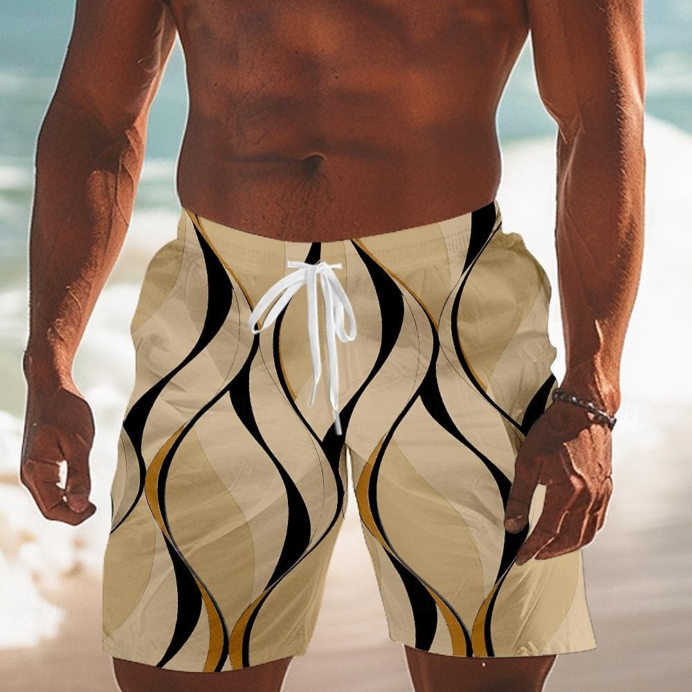 Мужские Геометрические Линии Плавки Шорты для плавания Board Shorts Средняя посадка Уличная одежда Гавайские Пляжные Шорты На шнурке Сетчатая подкладка Эластичная талия