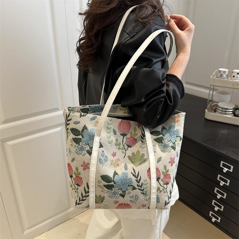Leaves Flower Print Vintage Large Bag With Zipper Closure For Daily Use Women Fashion