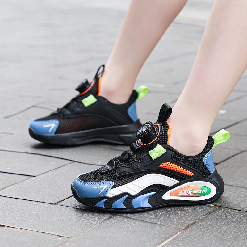 Single net children's shoes boys rotating buckle running shoes 2025 spring and summer mesh breathable non-slip soft sole girls sports shoes