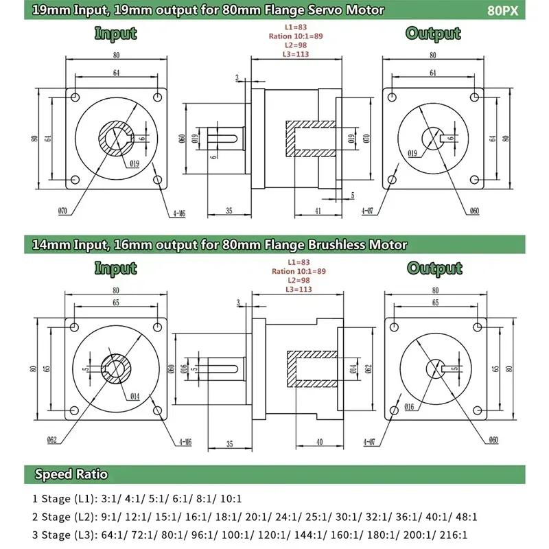 80mm Flange Planetary Gearbox 14/19mm Input 3:1,5: 1,8:1,10:1,16:1,36:1~100:1 Ratio for 80mm Brushless Motor