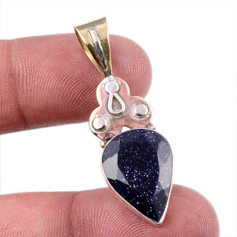 Подвеска из натурального синего солнечного камня из стерлингового серебра 925 пробы в двухцветном исполнении 1,75 дюйма B7k12