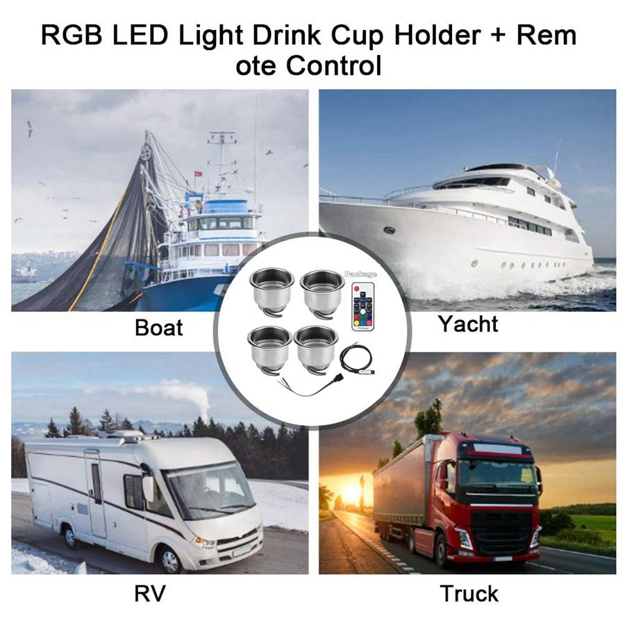 4x Stainless Steel Car Cup Drink Holder 14 LED W/ Remote RGB Lights for Truck RV