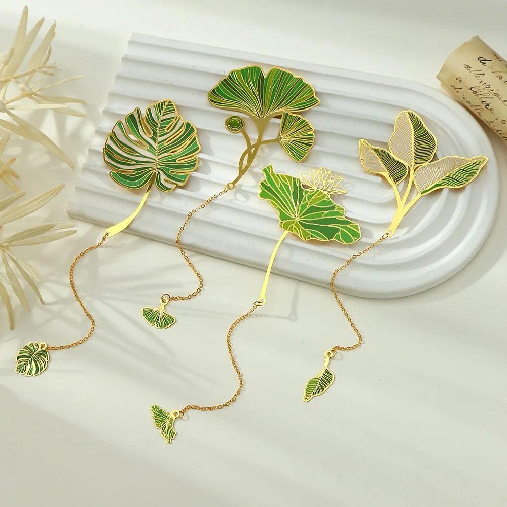 Brass Chinese Style Bookmark Metal Green Leaf Bookmark Lotus Leaf Vein Metal Bookmark Stationery