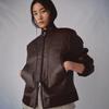 Womens Vintage Brown Faux Leather Bomber Jacket With Stand Collar Loose Fit Short Cropped Motorcycle Style