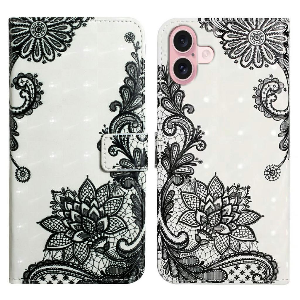 For iPhone 16 Plus Case Stand Card Holder Leather Phone Cover 3D Creative Pattern Design