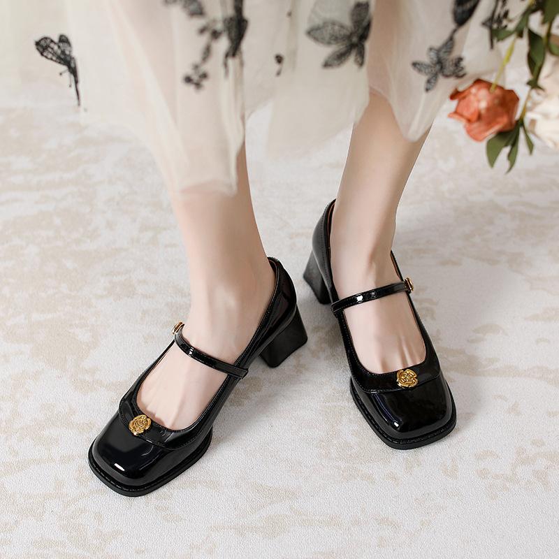 Leather flat for Huizhou women's shoes Su Yinyin same Mary Jane shoes high heel French new single shoes thick heel