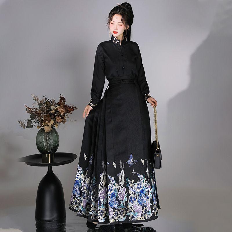 Оригинальная китайская женская рубашка в стиле династии Мин в стиле ханьфу со стоячим воротником и юбкой с лошадиным лицом