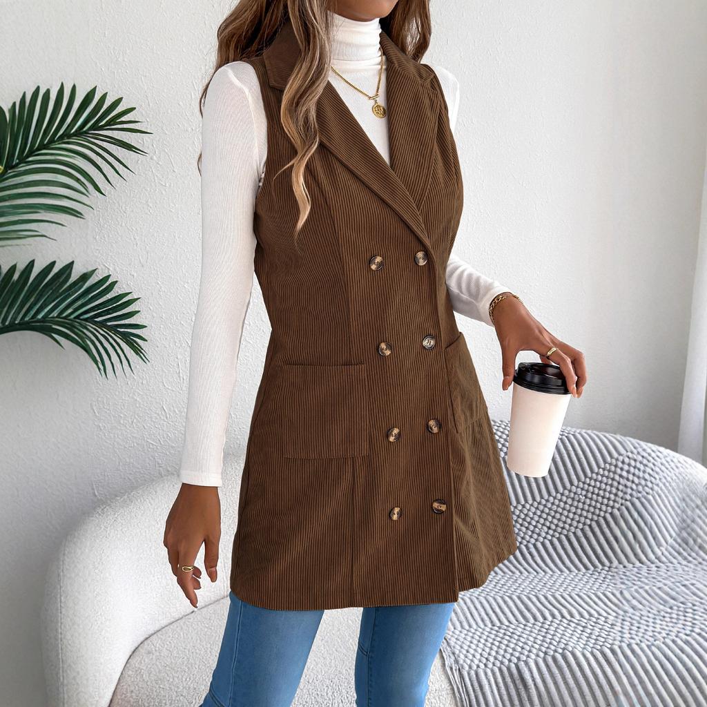 Autumn Winter Women's Corduroy Vest Solid Color Double-breasted Long Corduroy Vest Slim-fit Sleeveless Vest