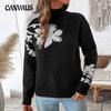 Women's New Autumn and Winter Black High Neck Flower Pattern Jacquard Jumper