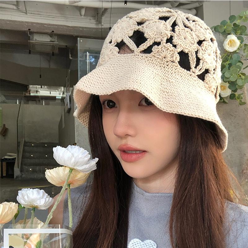 Японские вязаные крючком шапки-ведра ручной работы для женщин, летние, осенние, тонкие, дышащие, модные, универсальные, сладкие, вязаные шапки-ведра