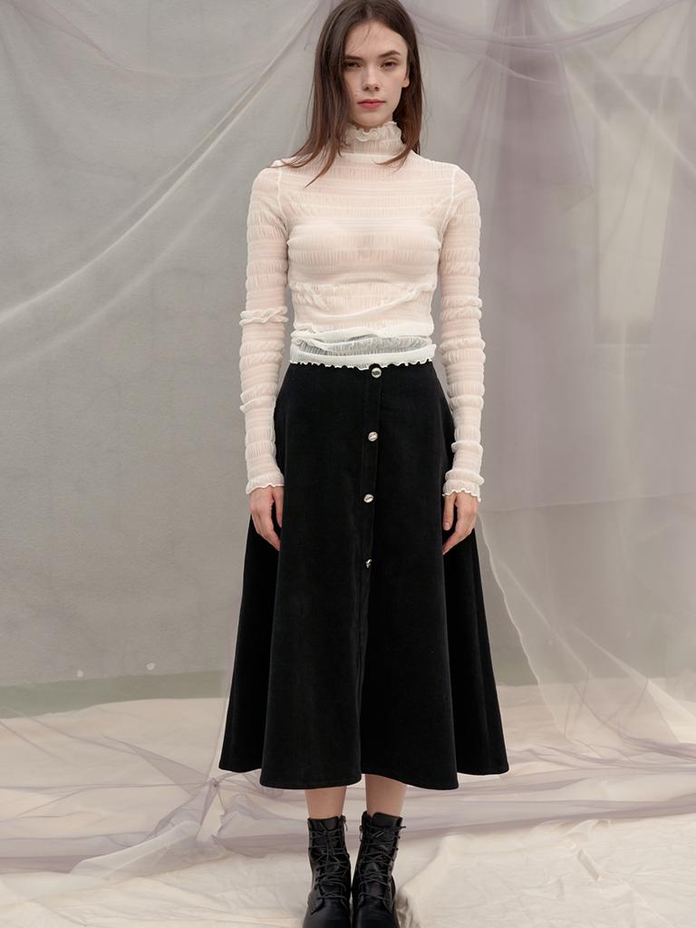 SORRY, TOO MUCH LOVE Cien Shirring See Through Turtleneck Top_Ivory
