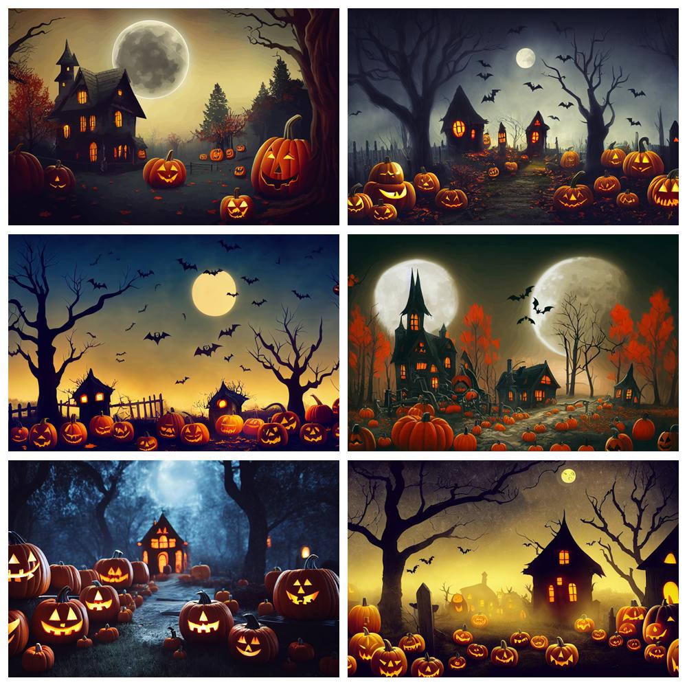 Halloween Photography Background Horror Night Moon Dark Forest Castle Pumpkin Halloween Party Kid Portrait Backdrop Photo Studio