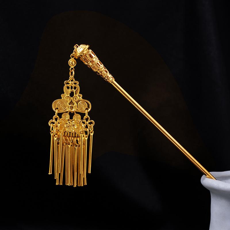 Hollow Geometric Tassel Hairpin for Women - Ethnic Style with Water Drop Leaf Round Design, Hanfu Accessory