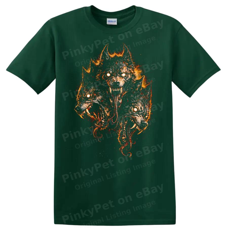 Three Headed Wolf Fire T Shirt Graphic Tee Animal Design Fantasy Art