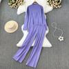 Fashion Collar Loose Long-sleeved Irregular Knit Tops High Waist Thin Straight Pants Two-piece Set