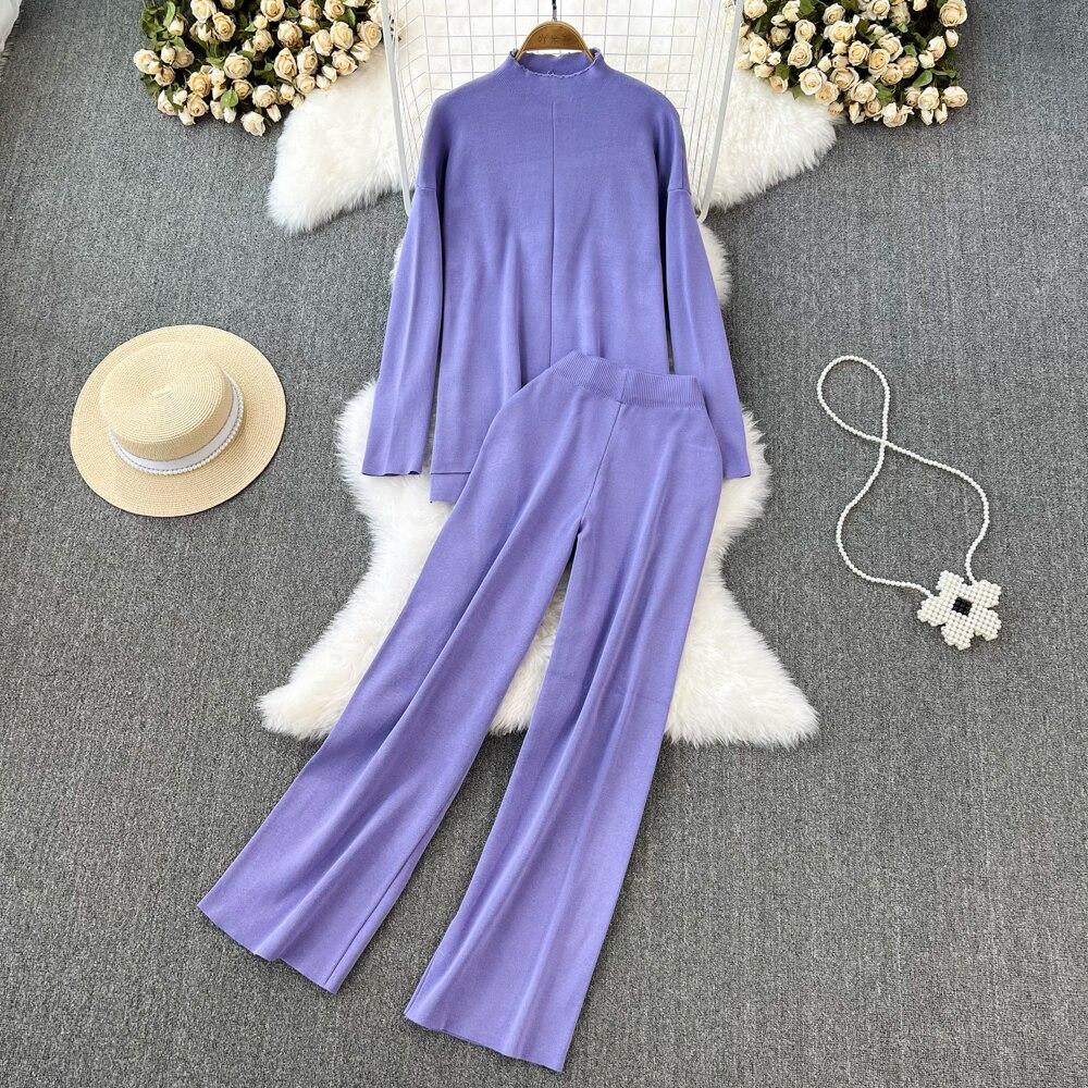 Fashion Collar Loose Long-sleeved Irregular Knit Tops High Waist Thin Straight Pants Two-piece Set
